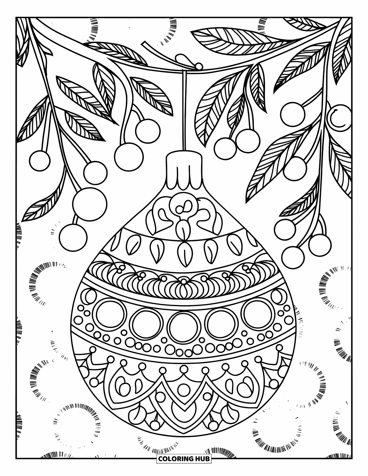 Christmas Ornaments Coloring Page for Adults: A teardrop ornament with paisley designs surrounded by leaves and berries