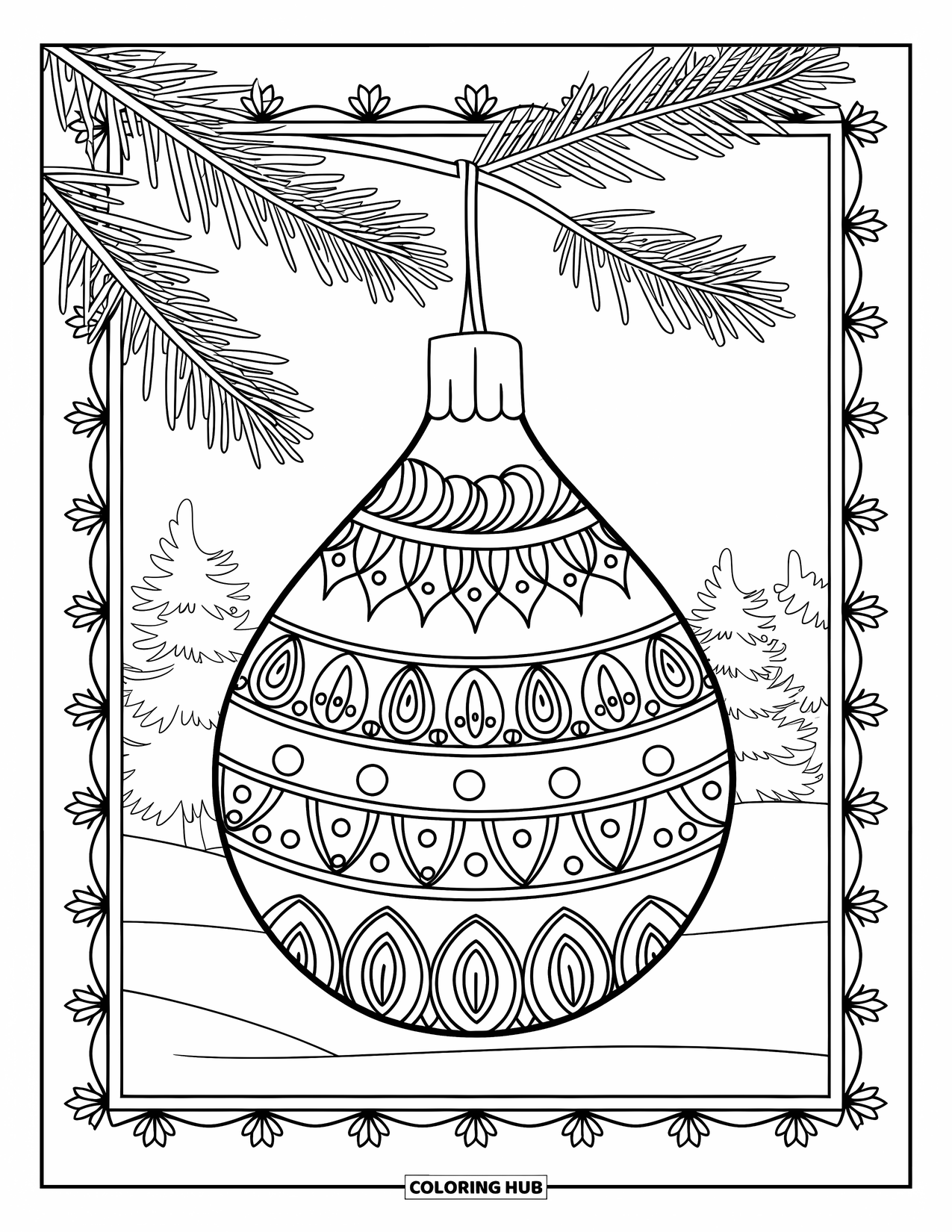 Christmas Ornaments Coloring Page for Adults: A teardrop ornament with paisley patterns hanging in a snowy scene