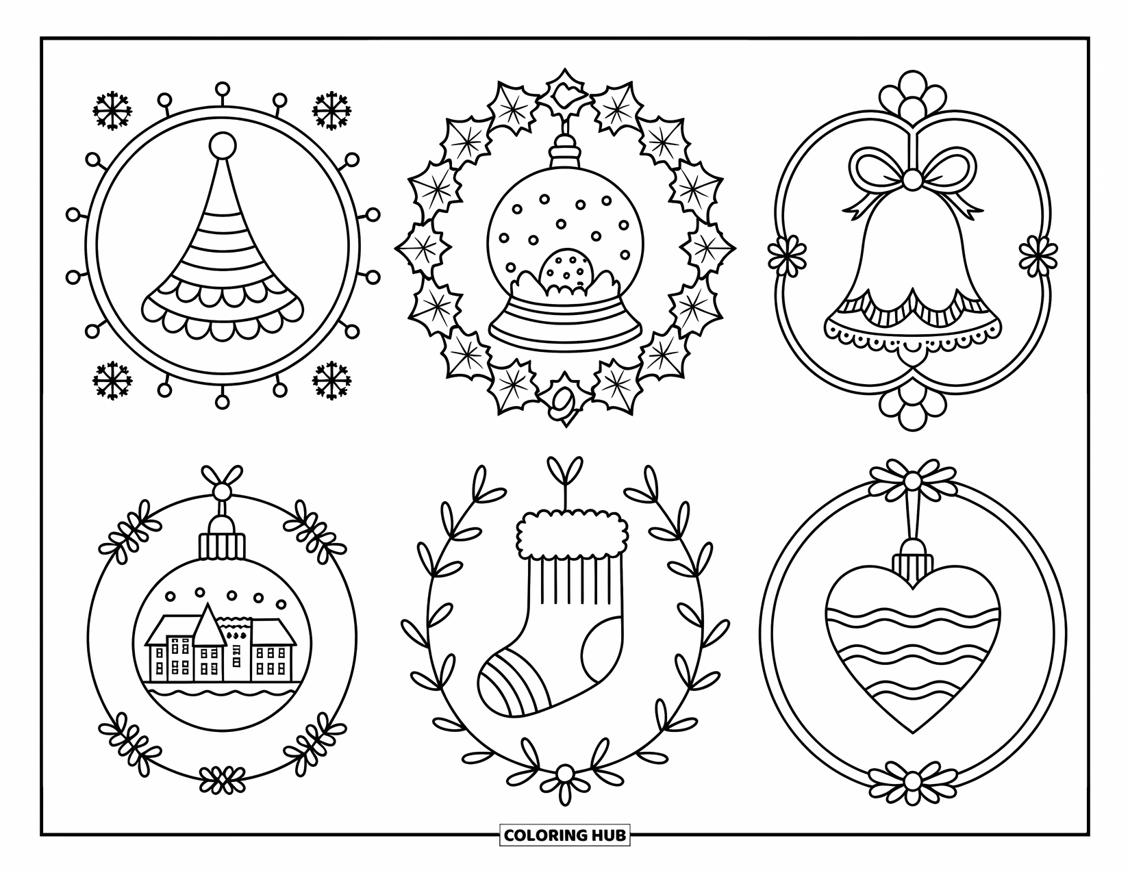 Christmas Ornaments Coloring Page for Adults: Kawaii ornaments in vintage frames with festive charm