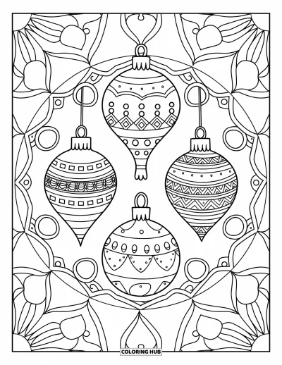 Christmas Ornaments Coloring Page for Adults: Three ornaments centered within a detailed mandala pattern
