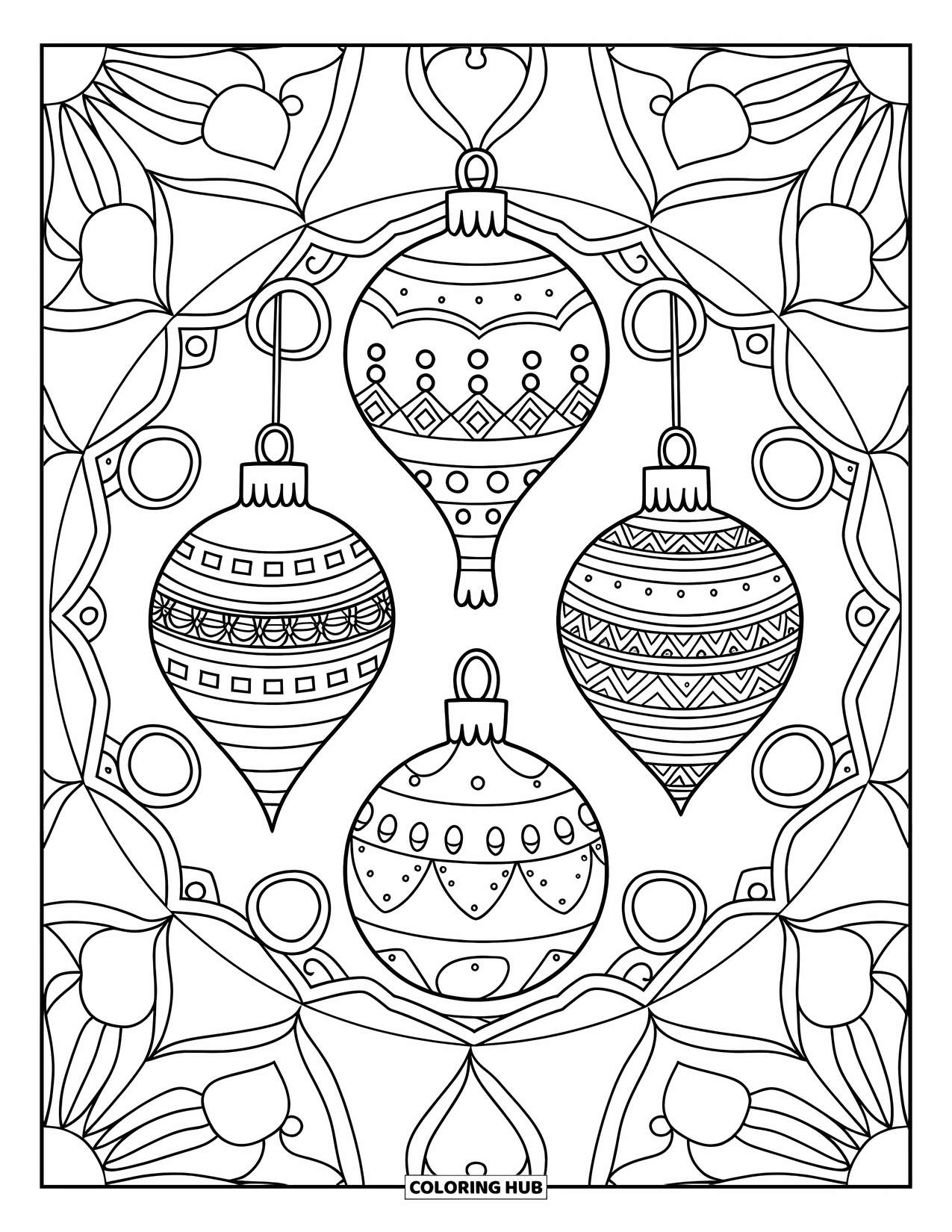 Christmas Ornaments Coloring Page for Adults: Three ornaments centered within a detailed mandala pattern