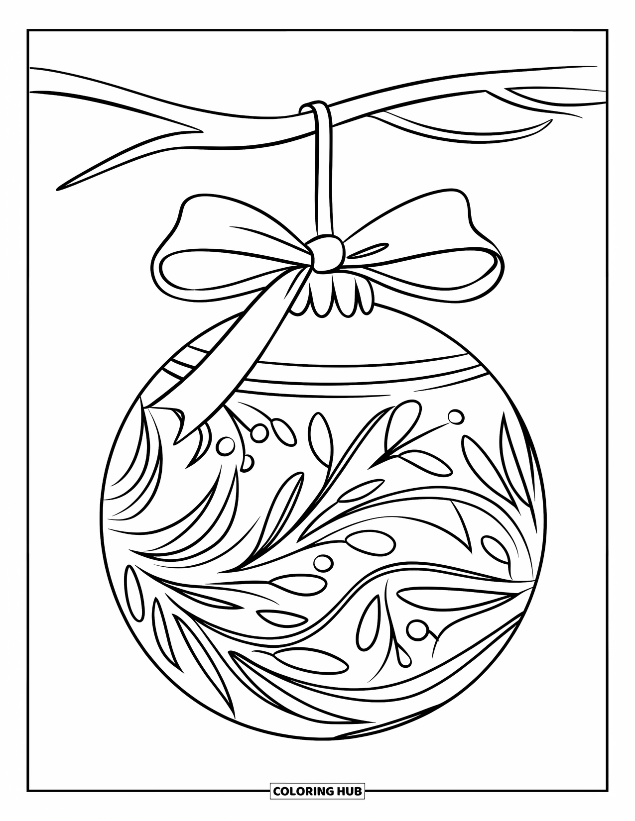 Christmas Ornaments Coloring Page for Kids: A bell ornament with floral engravings and a ribbon tied around it