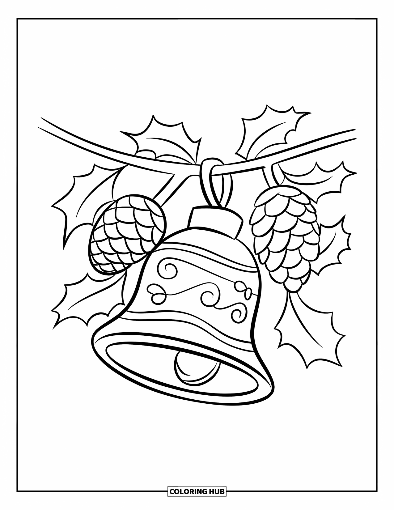 Christmas Ornaments Coloring Page for Kids: A bell ornament with pinecones and holly below it