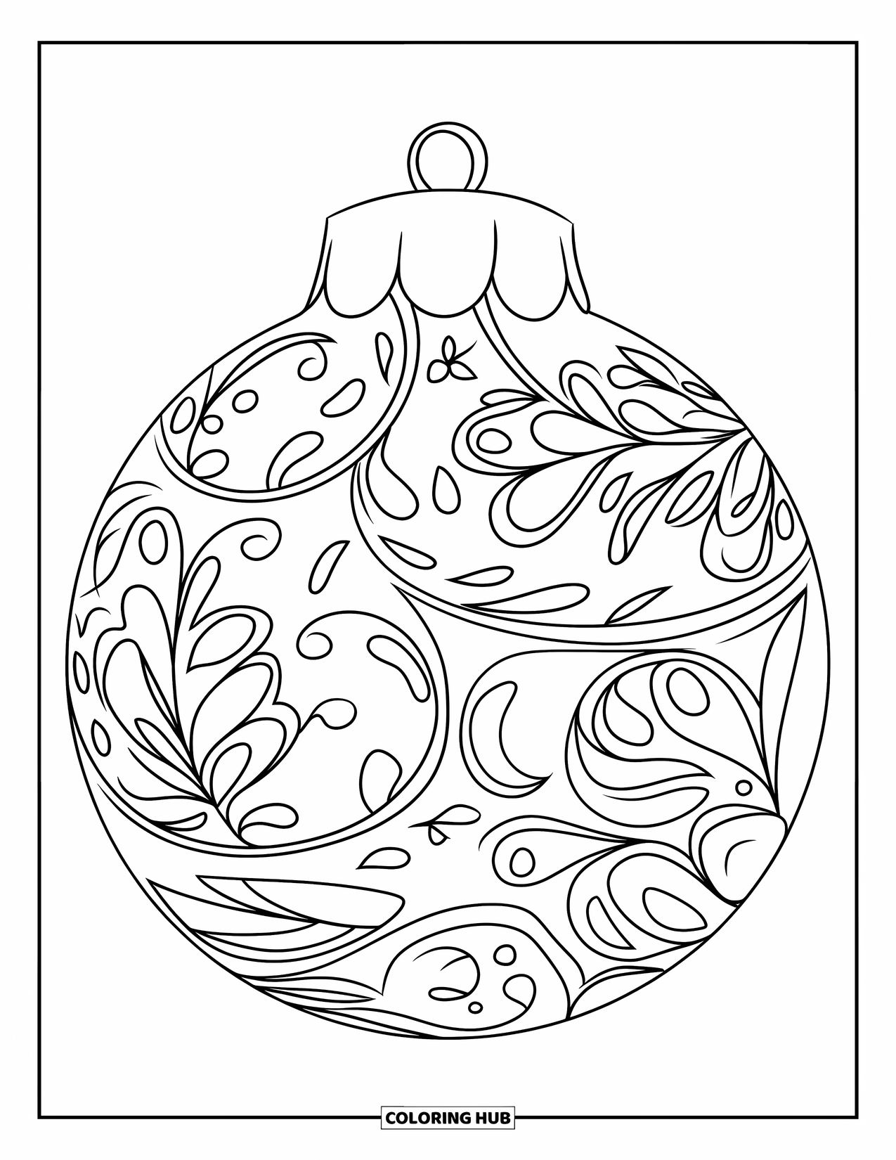 Christmas Ornaments Coloring Page for Kids: A bell-shaped ornament engraved with delicate floral designs