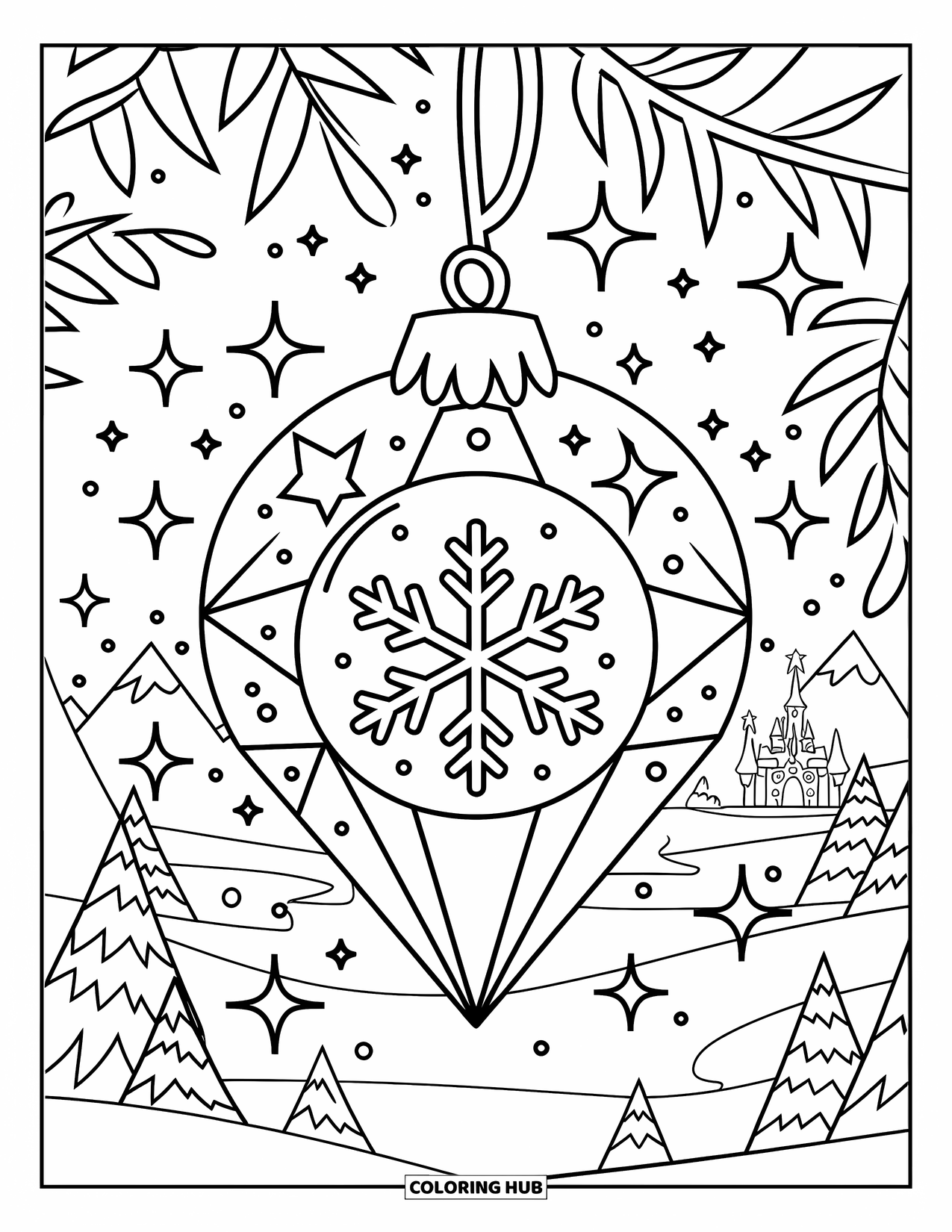 Christmas Ornaments Coloring Page for Kids: A crystal ornament hanging in a winter scene