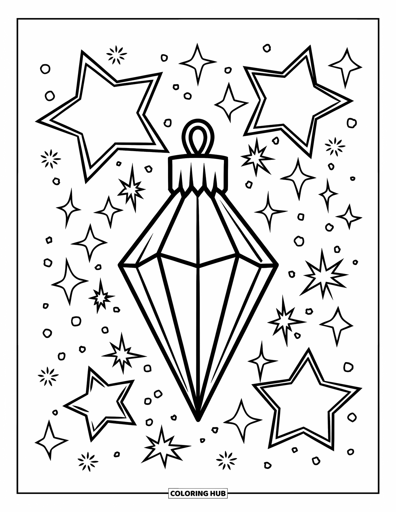 Christmas Ornaments Coloring Page for Kids: A crystal ornament with stars and sparkles