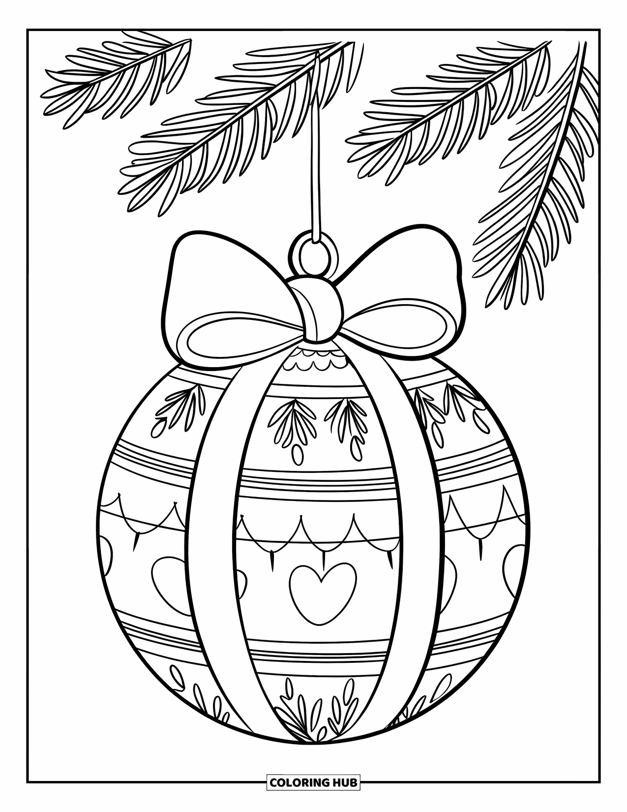Christmas Ornaments Coloring Page for Kids: A gift box ornament with a big bow hanging from a branch