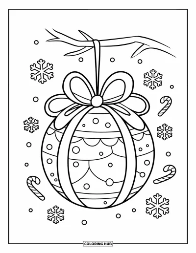 Christmas Ornaments Coloring Page for Kids: A gift box ornament with a bow, snowflakes, and candy canes