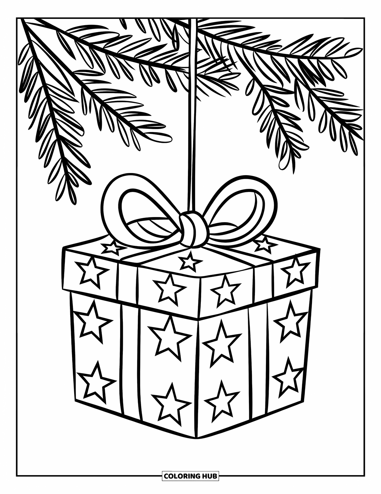 Christmas Ornaments Coloring Page for Kids: A gift box ornament with stars and bows hanging from a branch