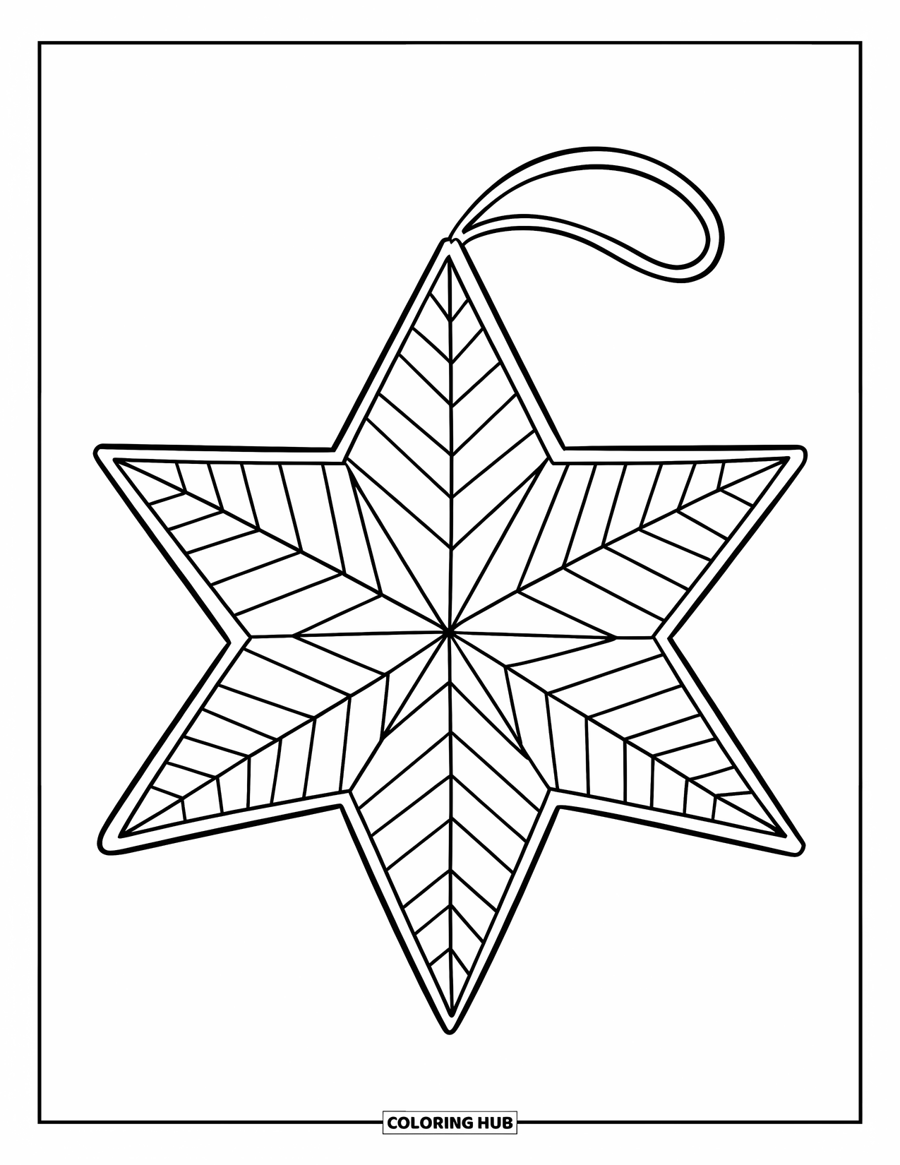 Christmas Ornaments Coloring Page for Kids: A large striped star ornament with a hanging loop