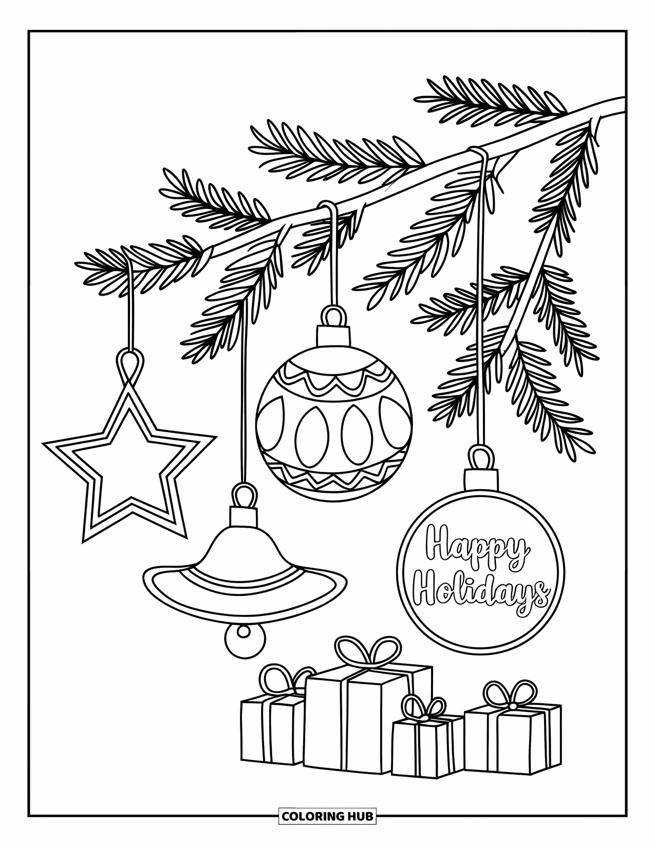 Christmas Ornaments Coloring Page for Kids: A pine branch in a pot with hanging ornaments and gifts below