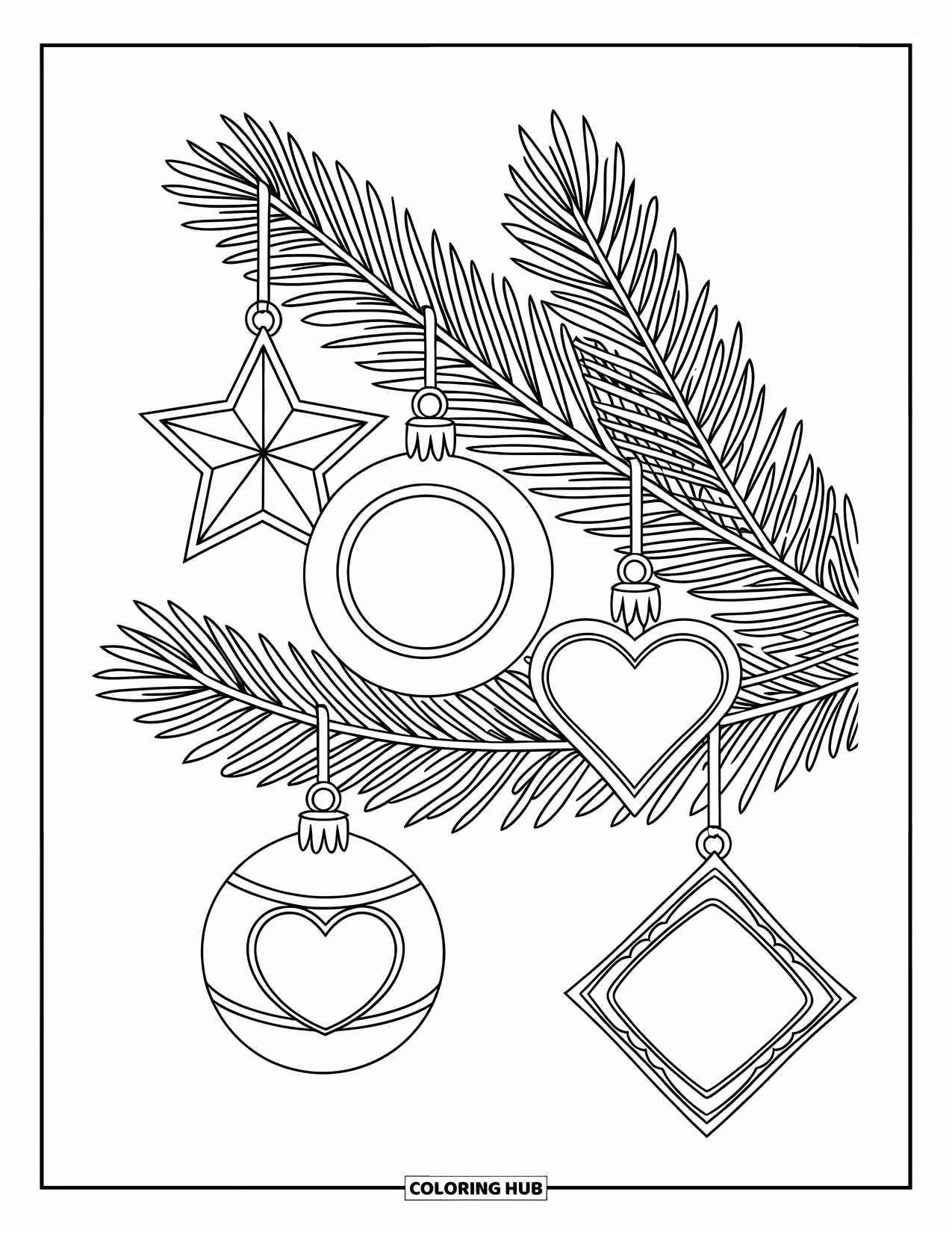 Christmas Ornaments Coloring Page for Kids: A pine branch in a pot with star, circle, heart, and square ornaments