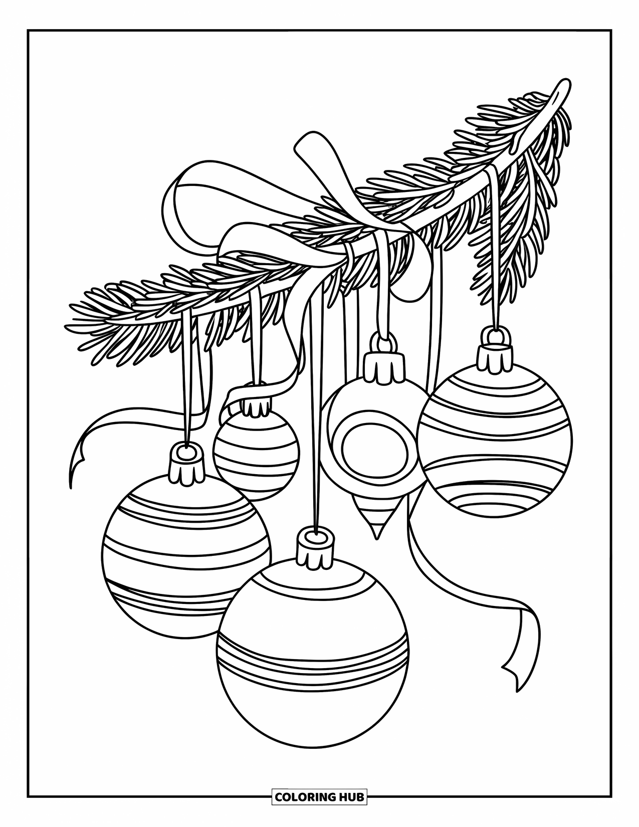 Christmas Ornaments Coloring Page for Kids: A pine branch with ornaments and ribbons