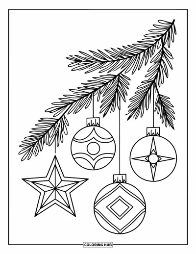 Christmas Ornaments Coloring Page for Kids: A pine branch with star, circle, triangle, and square ornaments
