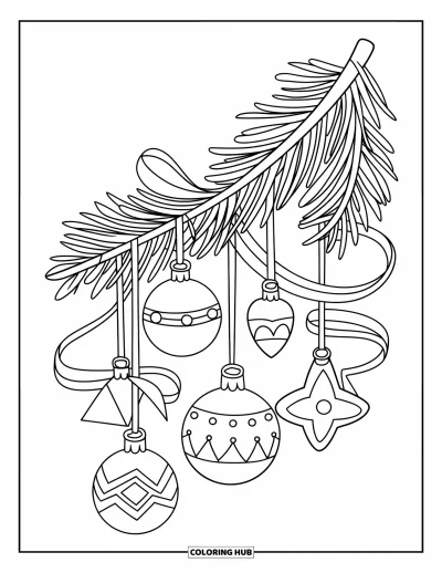 Christmas Ornaments Coloring Page for Kids: A pine branch wrapped with ribbons and ornaments
