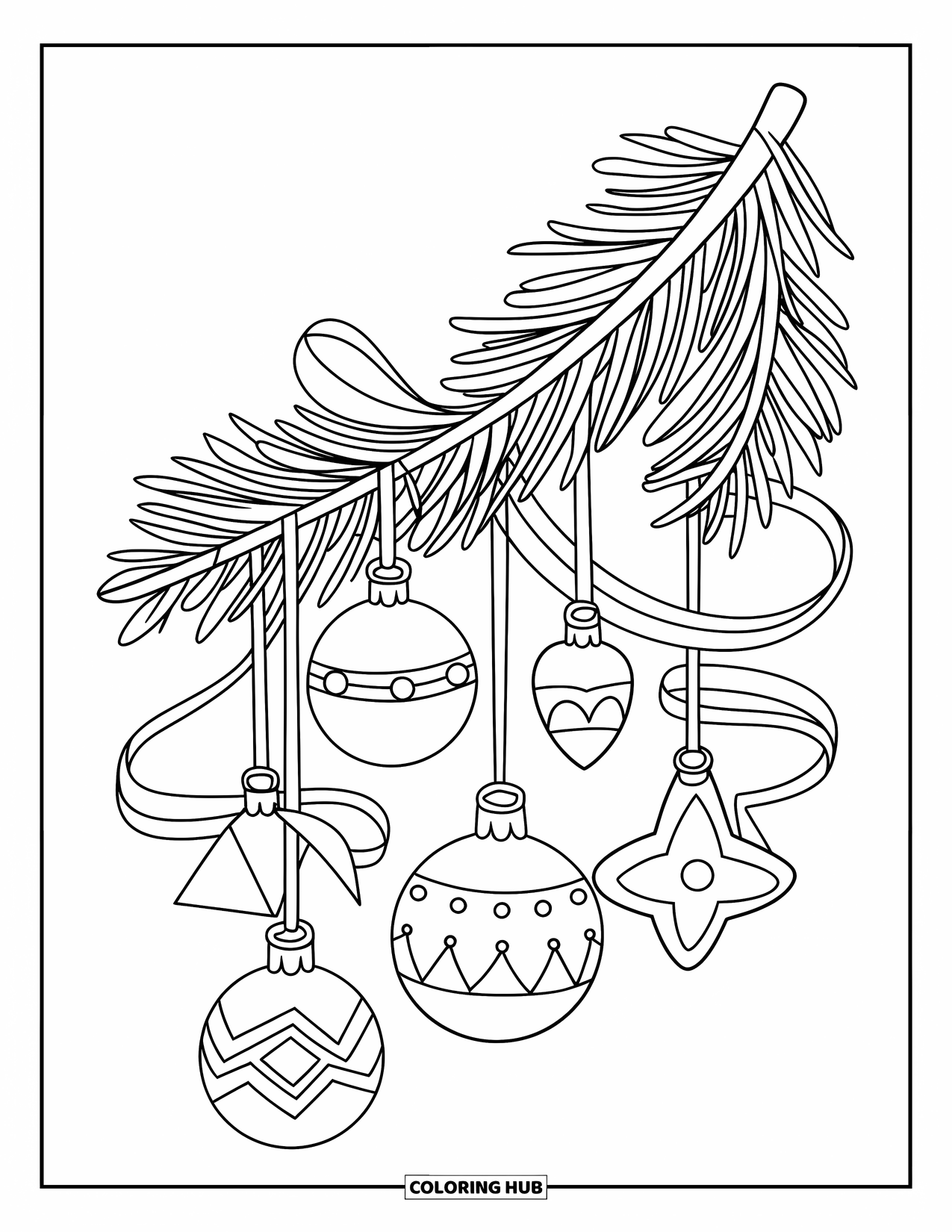 Christmas Ornaments Coloring Page for Kids: A pine branch wrapped with ribbons and ornaments