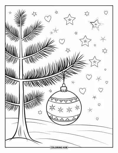 Christmas Ornaments Coloring Page for Kids: A pine tree with an ornament, pinecones, stars, and hearts