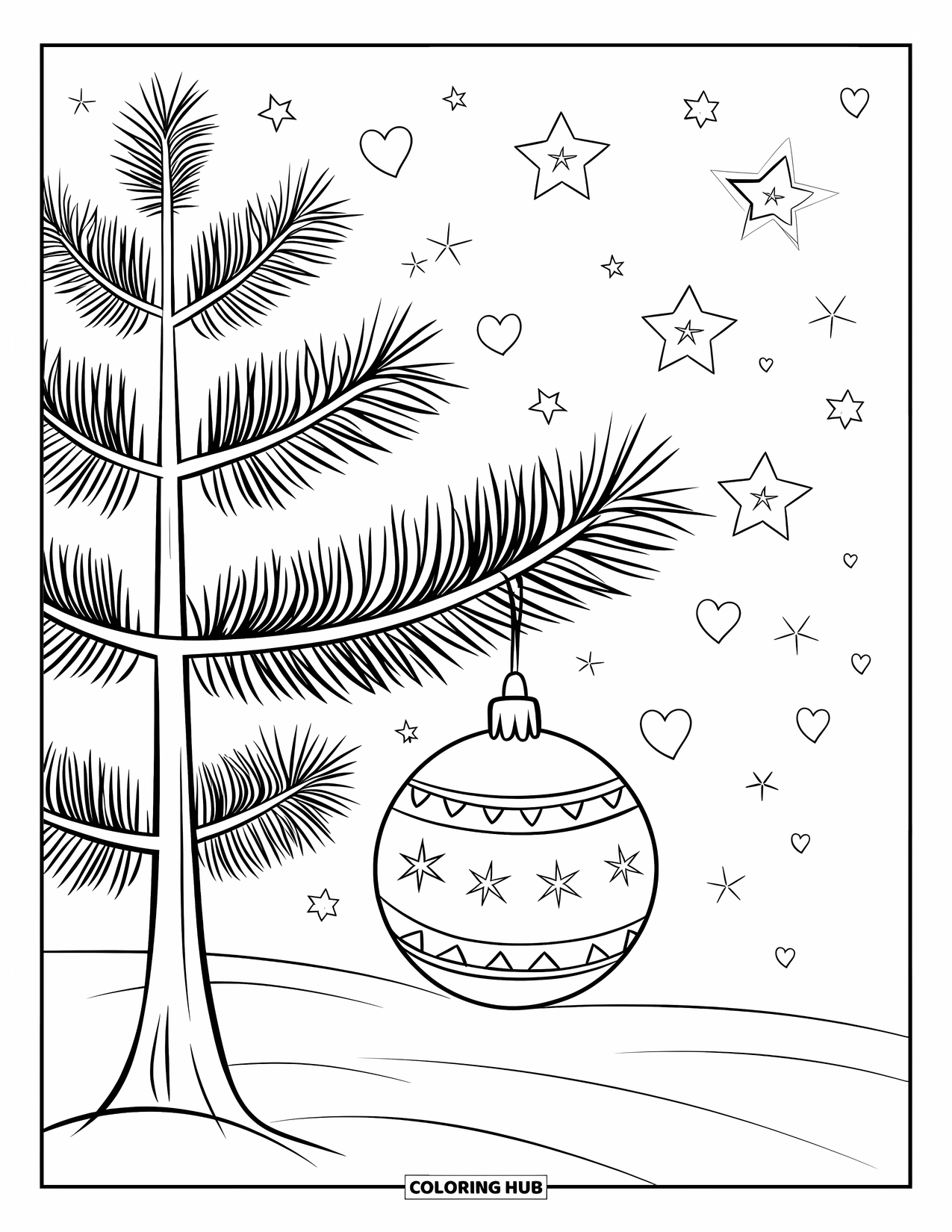 Christmas Ornaments Coloring Page for Kids: A pine tree with an ornament, pinecones, stars, and hearts