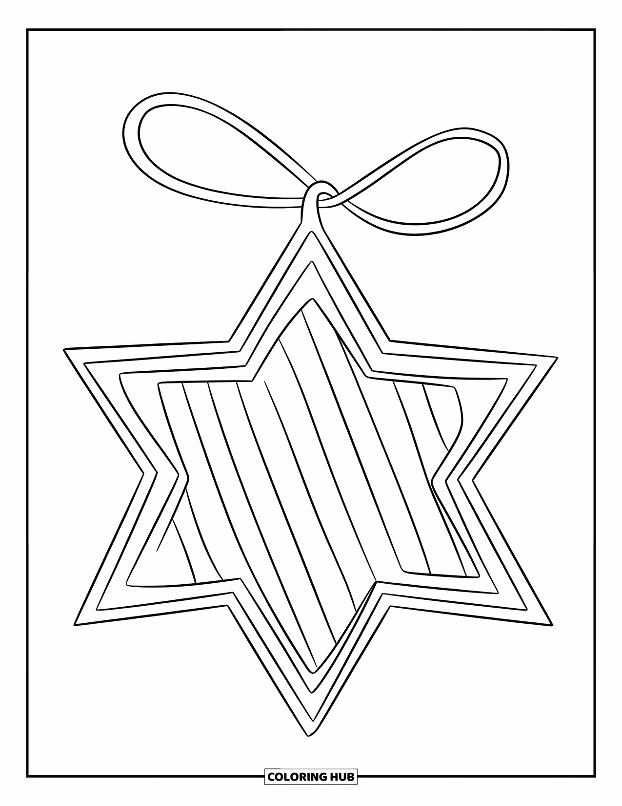 Christmas Ornaments Coloring Page for Kids: A playful striped star ornament with a simple loop