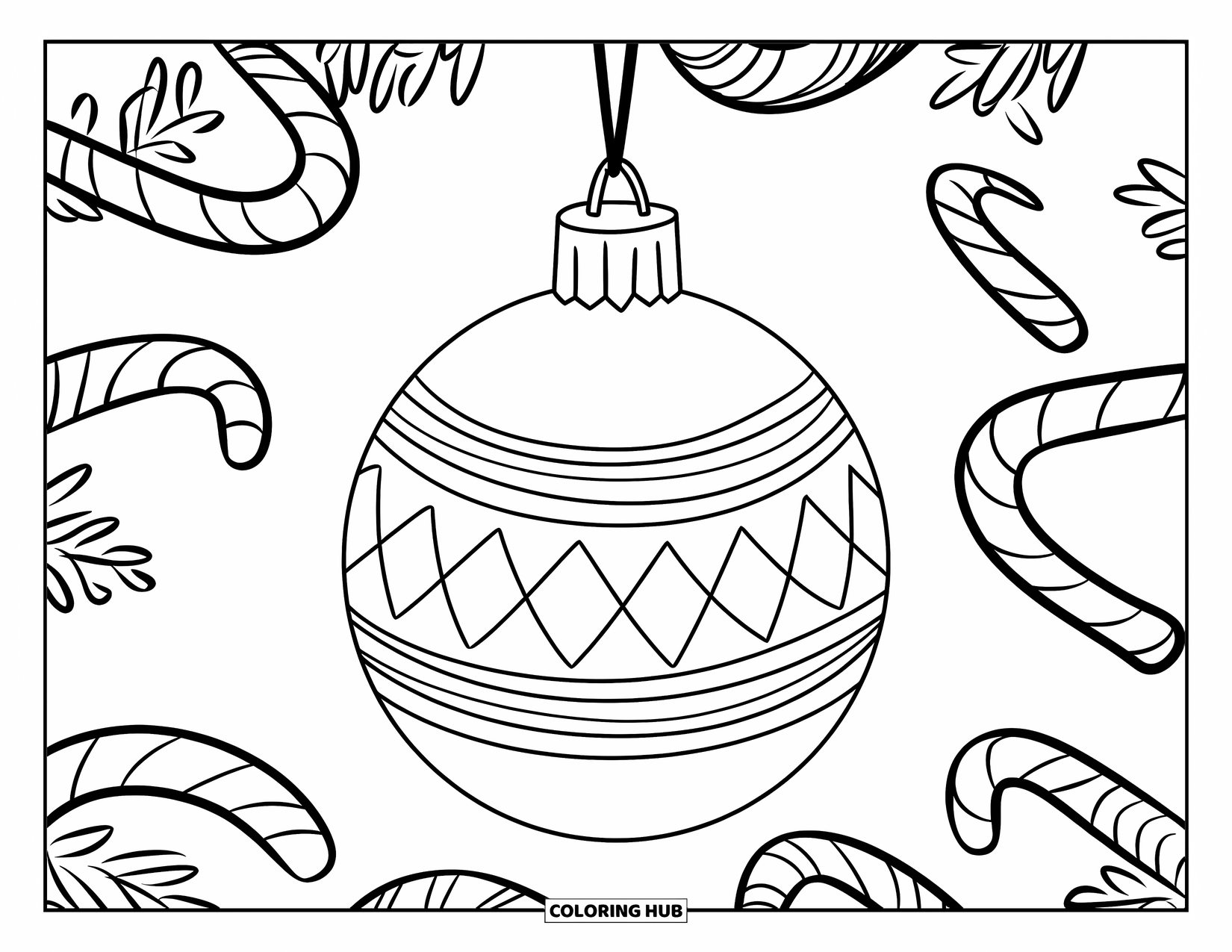 Christmas Ornaments Coloring Page for Kids: A round ornament surrounded by candy canes