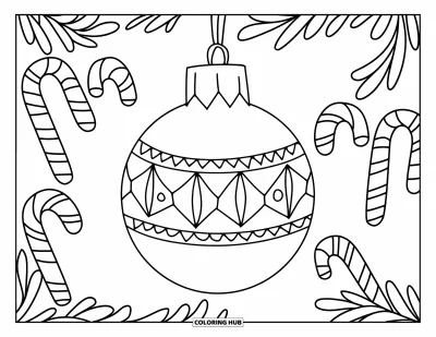 Christmas Ornaments Coloring Page for Kids: A round ornament with candy canes