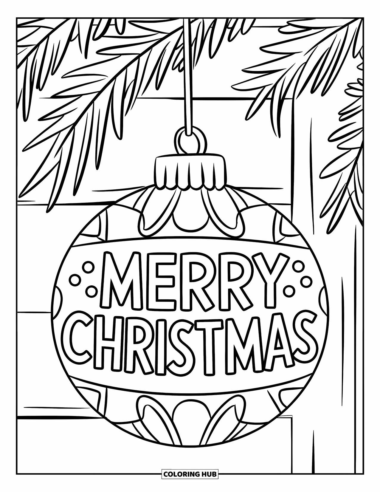 Christmas Ornaments Coloring Page for Kids: A snowflake ornament with "Merry Christmas" hanging from a branch