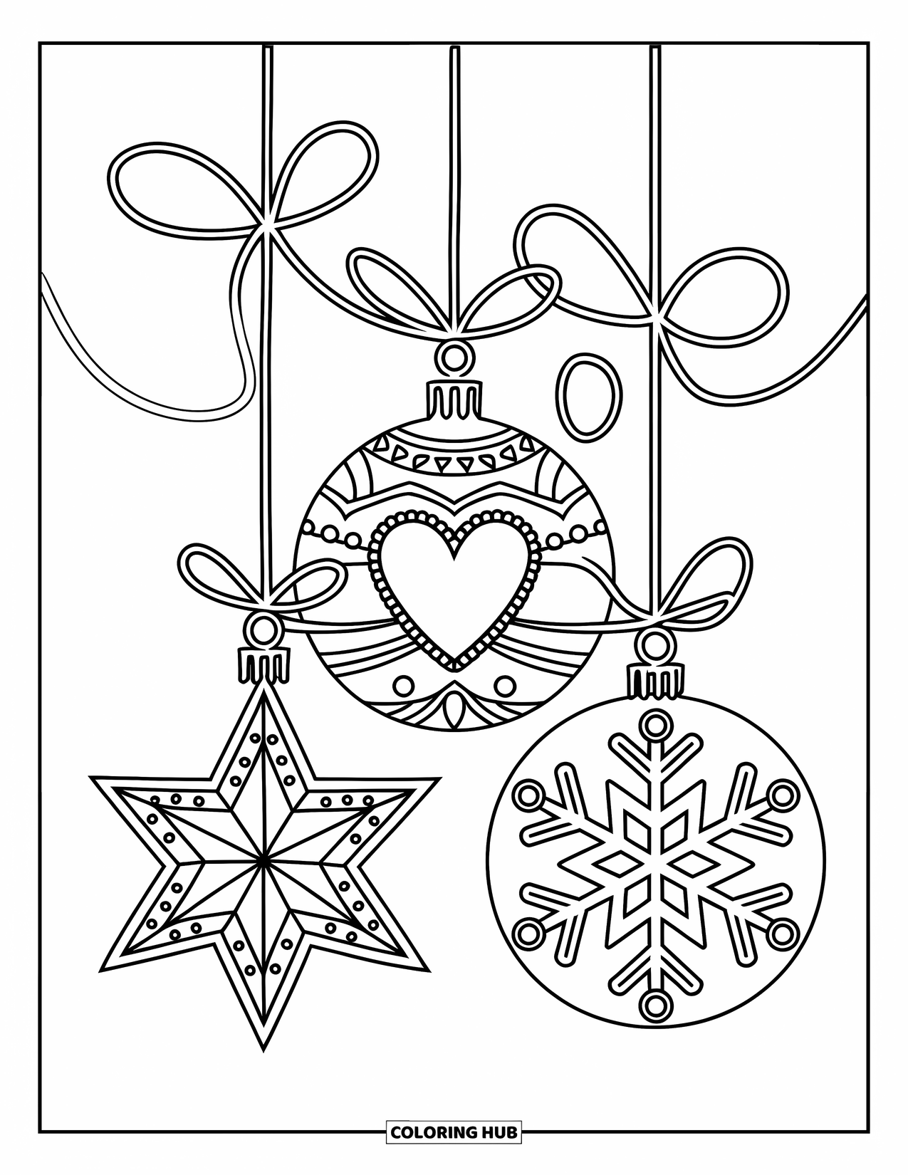 Christmas Ornaments Coloring Page for Kids: A star, heart, and snowflake ornament trio