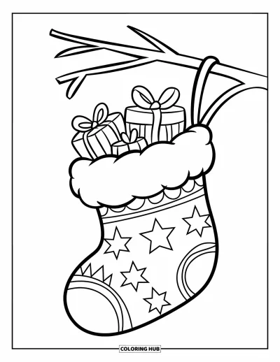 Christmas Ornaments Coloring Page for Kids: A stocking ornament with mini gifts hanging from a branch