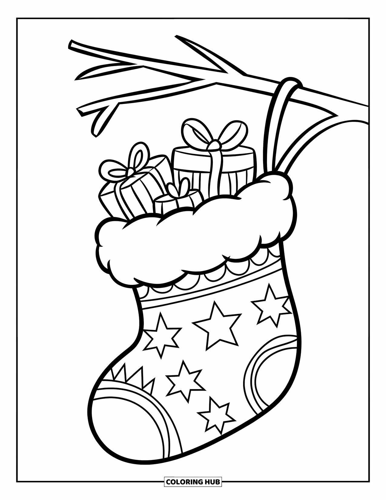 Christmas Ornaments Coloring Page for Kids: A stocking ornament with mini gifts hanging from a branch
