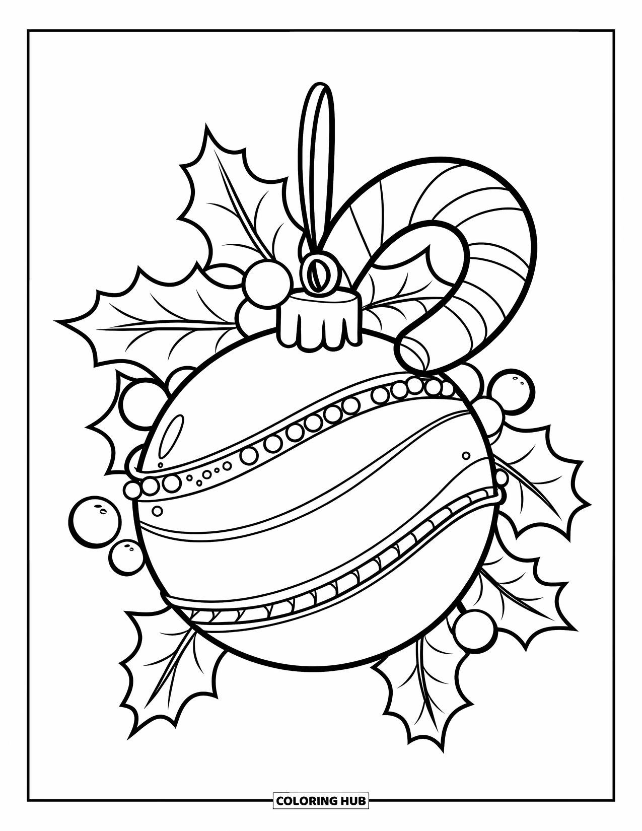Christmas Ornaments Coloring Page for Kids: A twisted candy cane ornament surrounded by holly leaves and berries