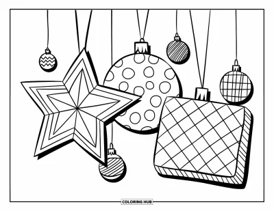 Christmas Ornaments Coloring Page for Kids: Star, circle, and square ornaments with fun patterned designs