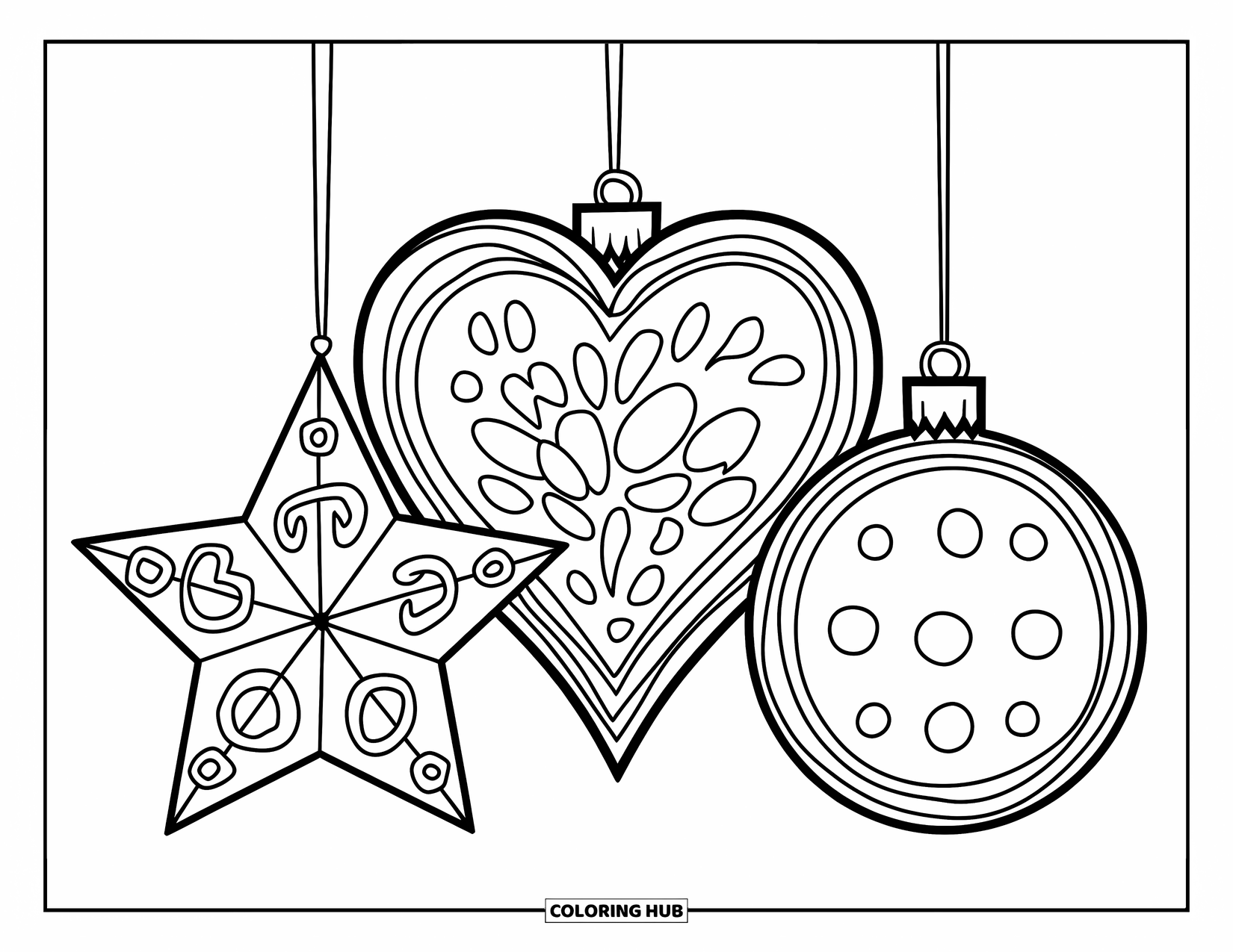 Christmas Ornaments Coloring Page for Kids: Star, heart, and circle ornaments hanging from a branch