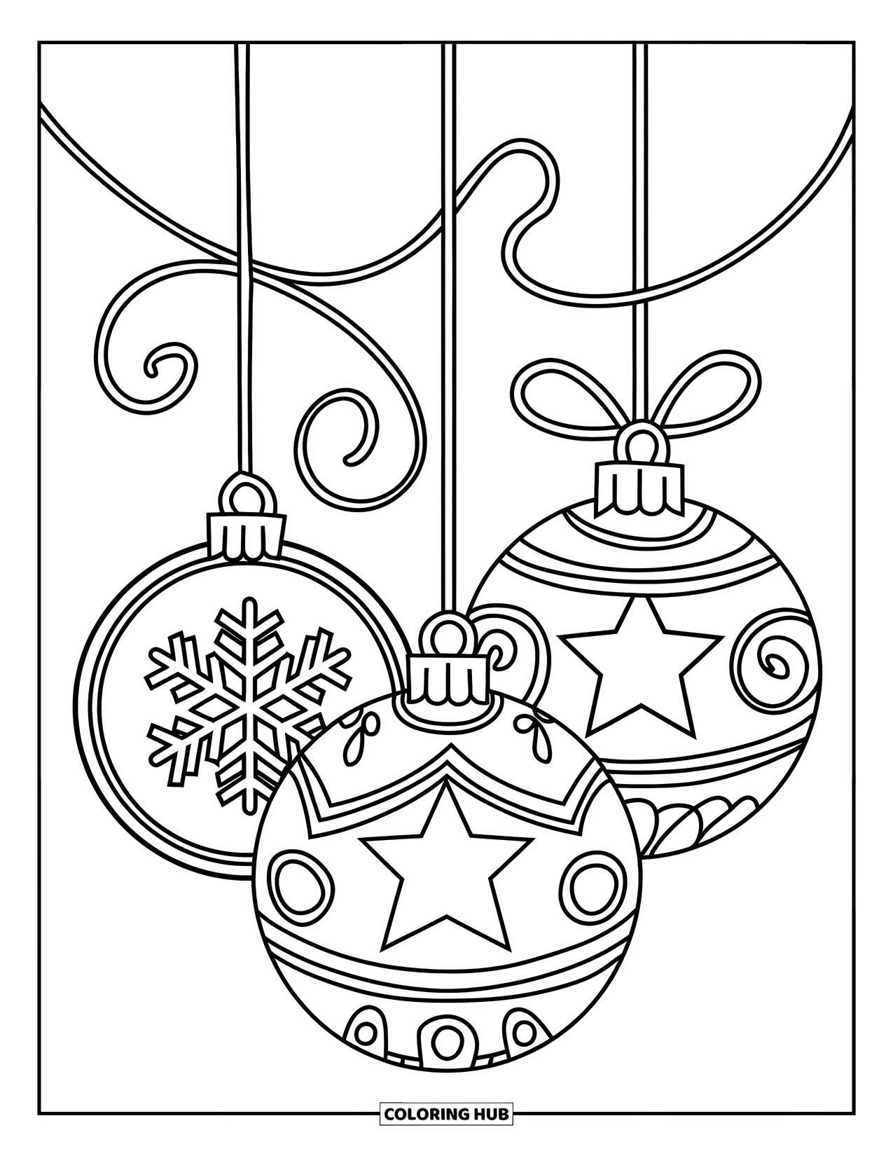 Christmas Ornaments Coloring Page for Kids: Three festive ornaments with swirling cords