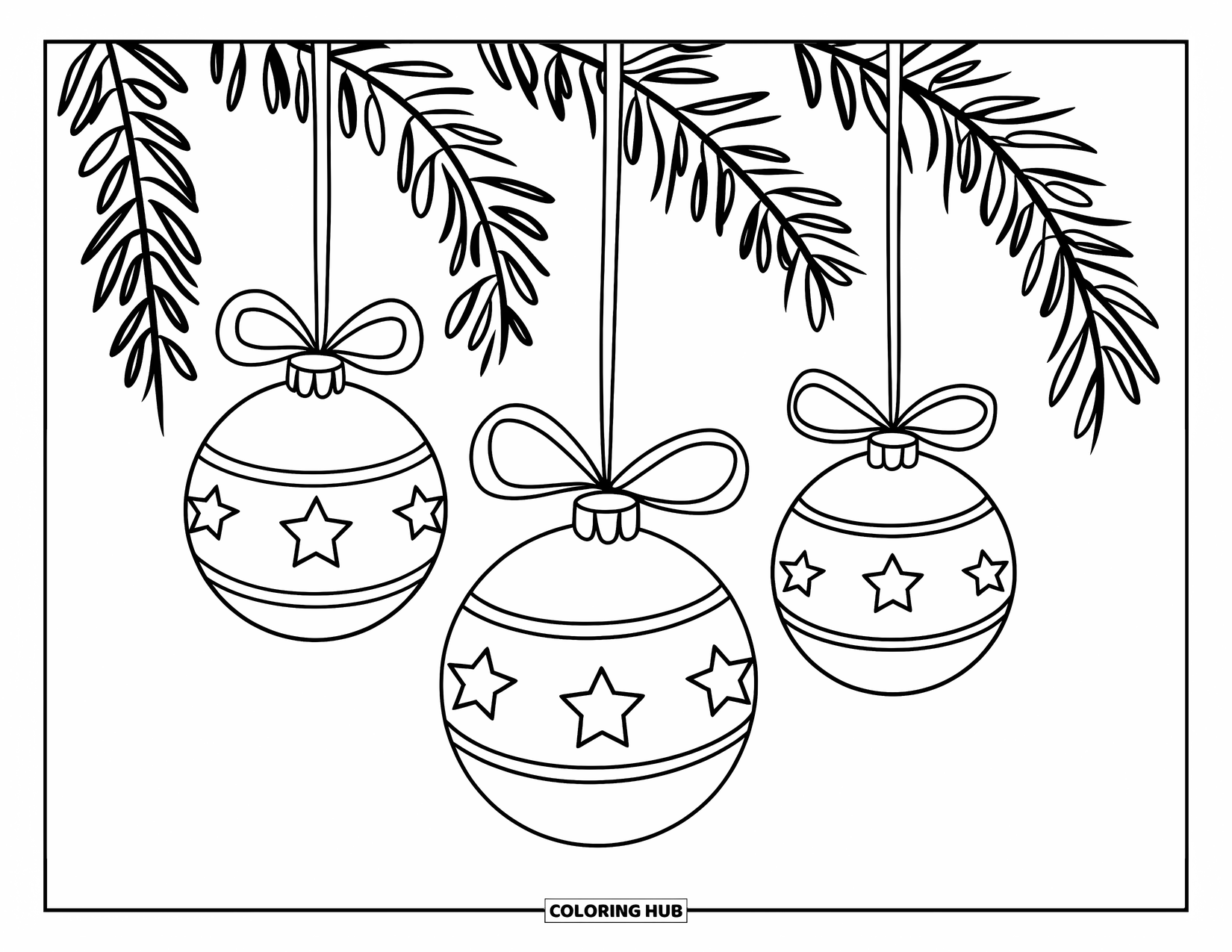 Christmas Ornaments Coloring Page for Kids: Three hanging ornaments with stars and curling ribbons