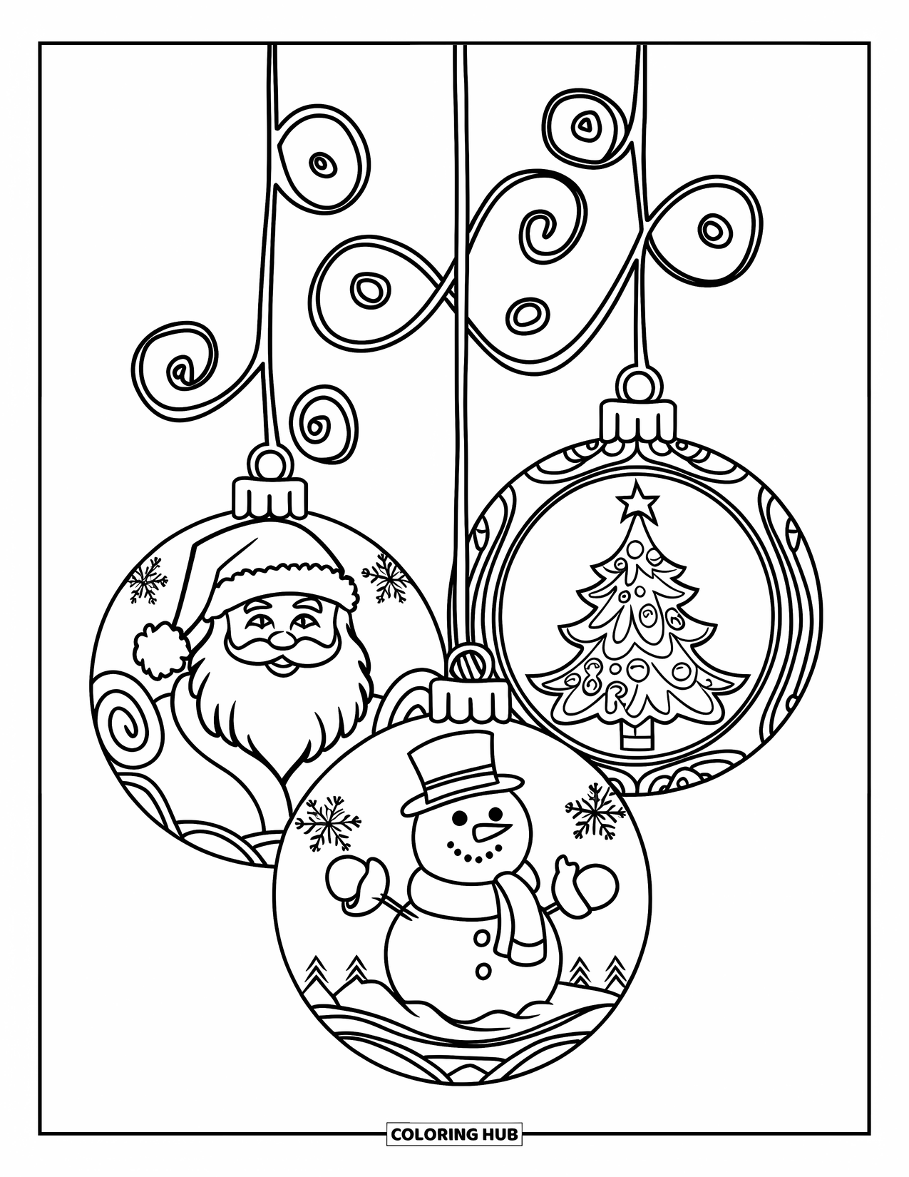 Christmas Ornaments Coloring Page for Kids: Three ornaments of Santa, snowman, and tree