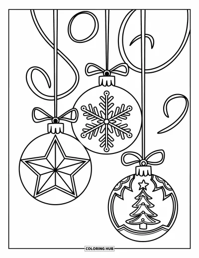 Christmas Ornaments Coloring Page for Kids: Three ornaments with star, snowflake, and tree designs