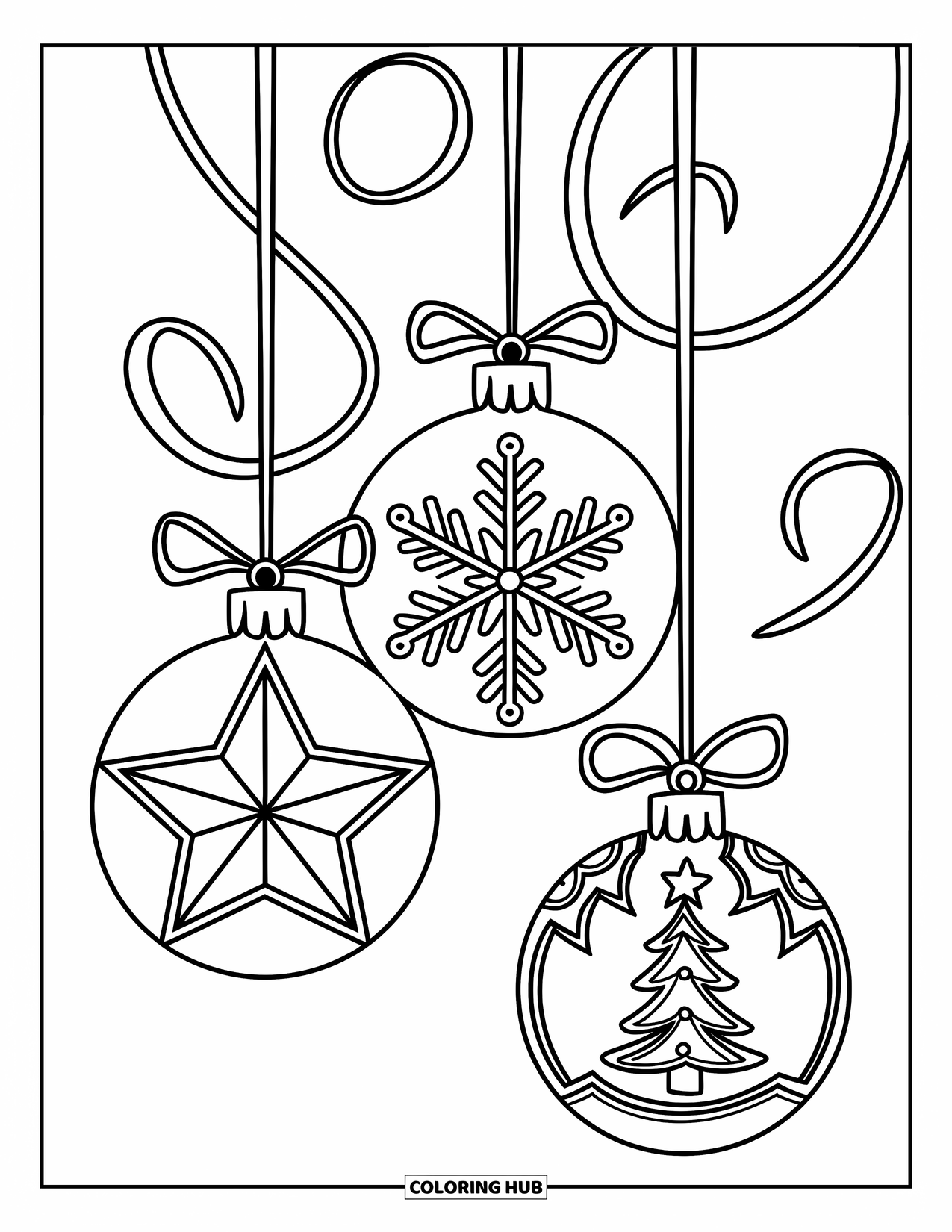 Christmas Ornaments Coloring Page for Kids: Three ornaments with star, snowflake, and tree designs