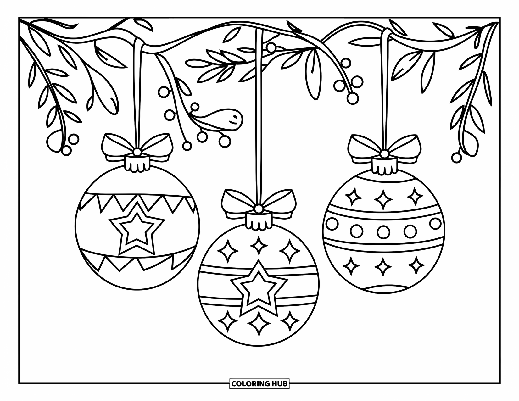 Christmas Ornaments Coloring Page for Kids: Three ornaments with stars, ribbons, leaves, and berries