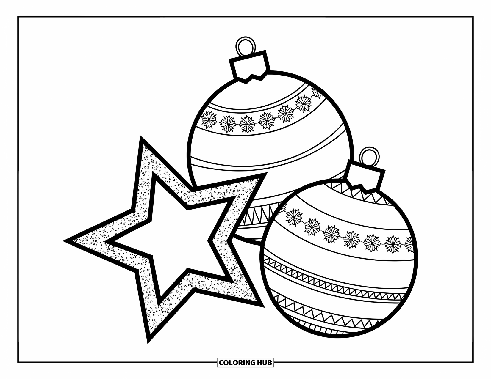 Christmas Ornaments Coloring Page for Kids: Three patterned ornaments in star, tree, and circle shapes