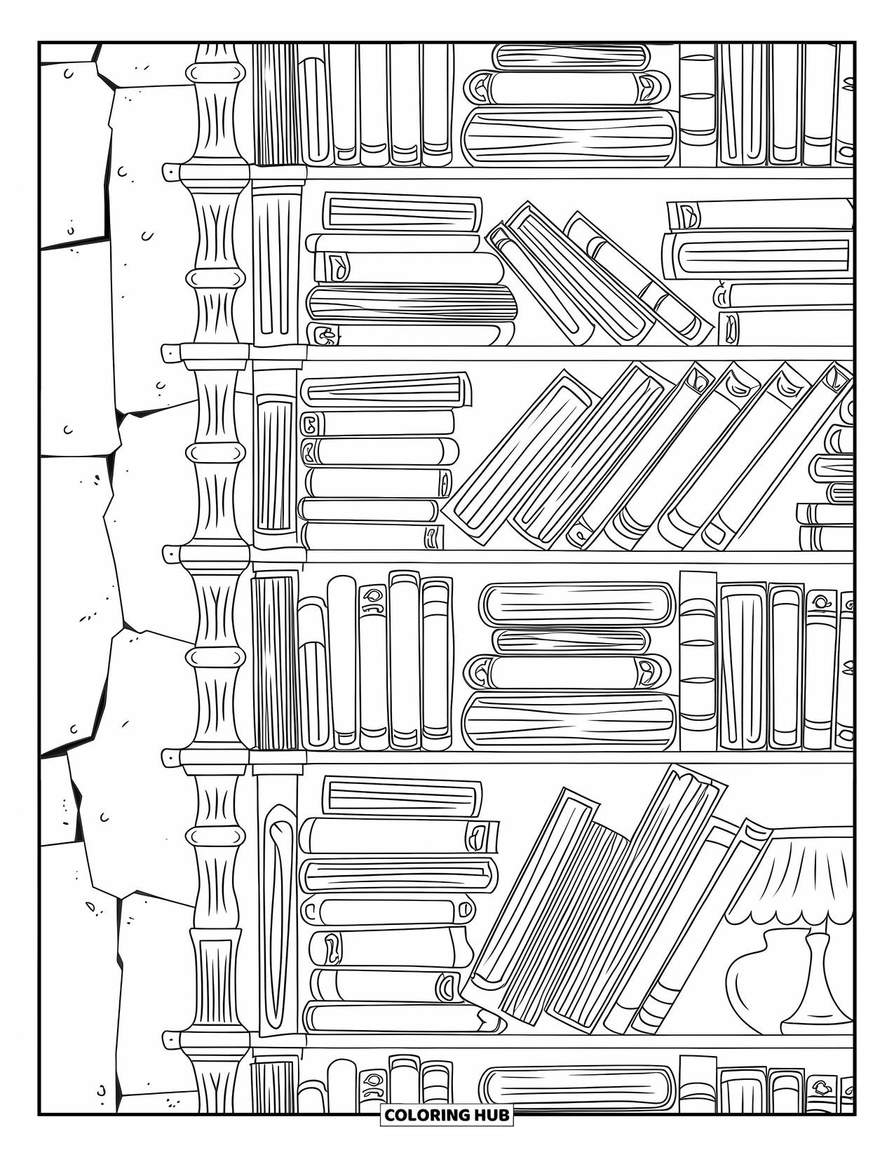 Classroom Coloring Page for Adults: A bookshelf packed with books, vases, and lamps in a wooden frame