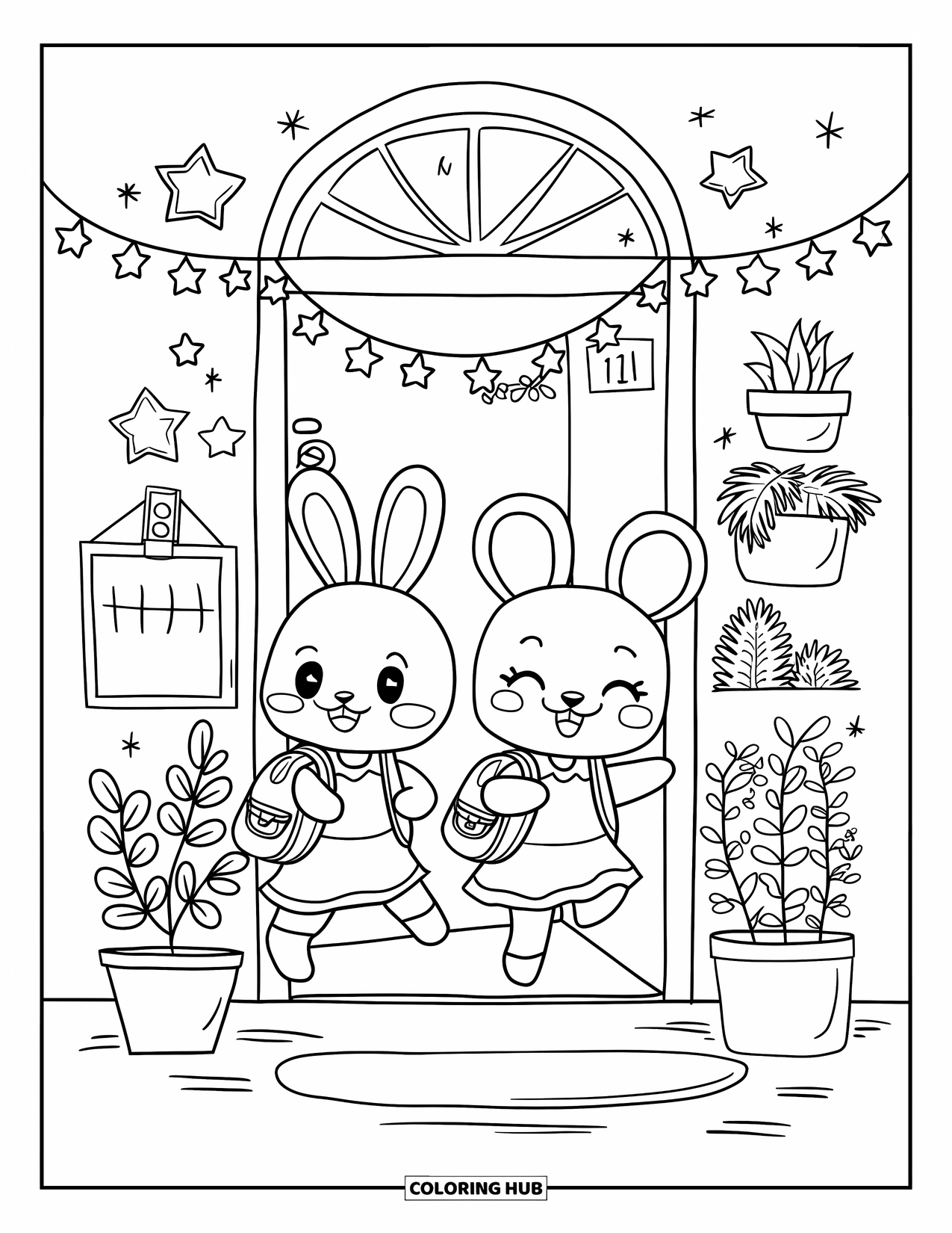 Classroom Coloring Page for Adults: A bunny and mouse enter a cozy doorway with stars and plants
