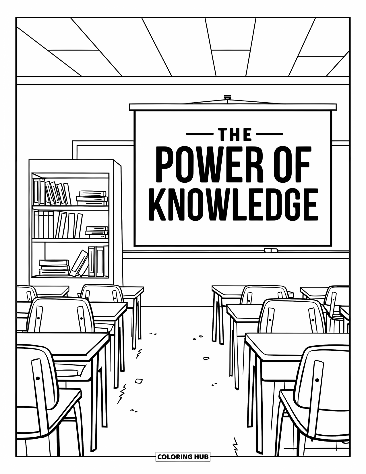Classroom Coloring Page for Adults: A classroom with desks, a projector screen, and shelves filled with books