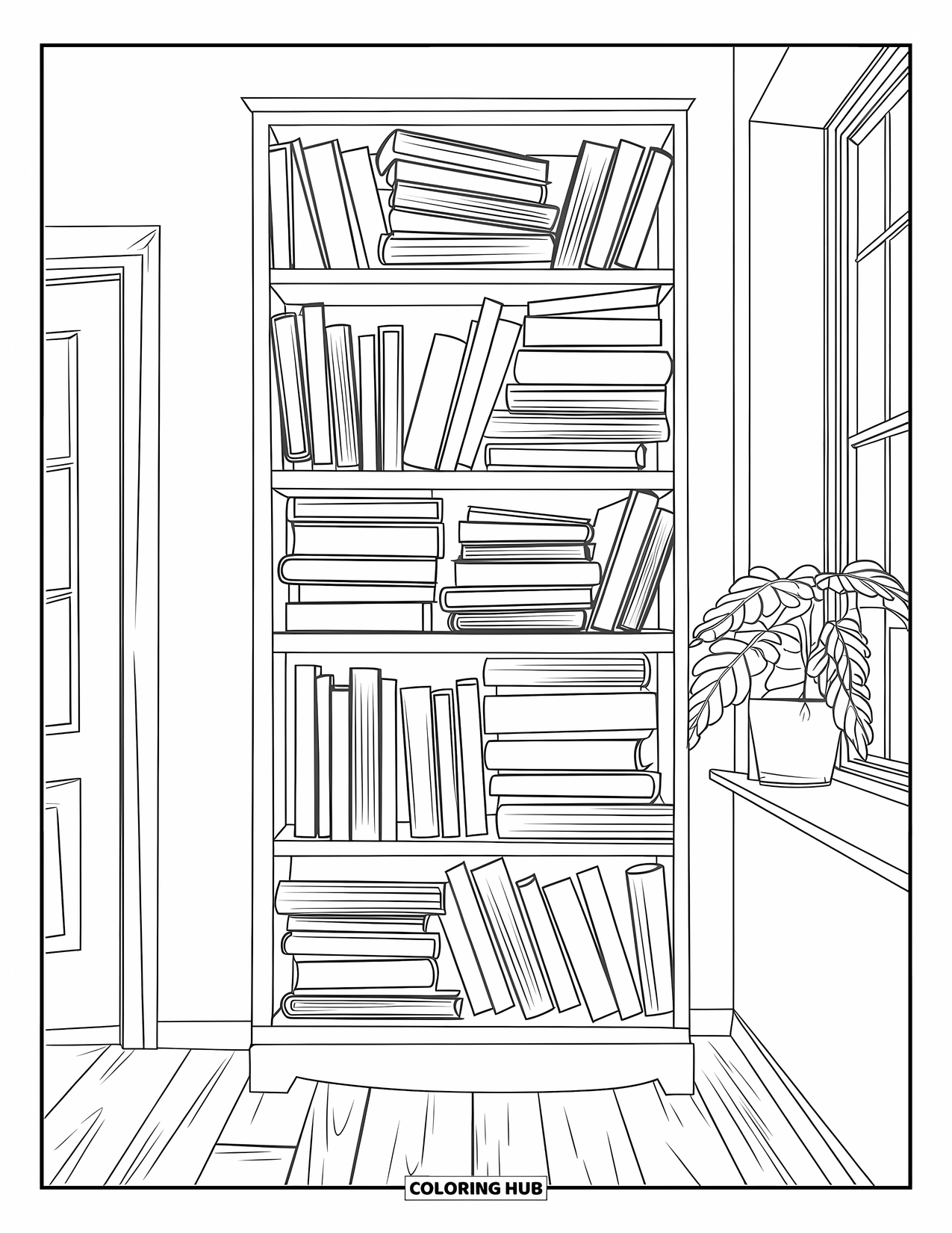 Classroom Coloring Page for Adults: A cozy bookshelf near a window with books, plants, and wooden floors