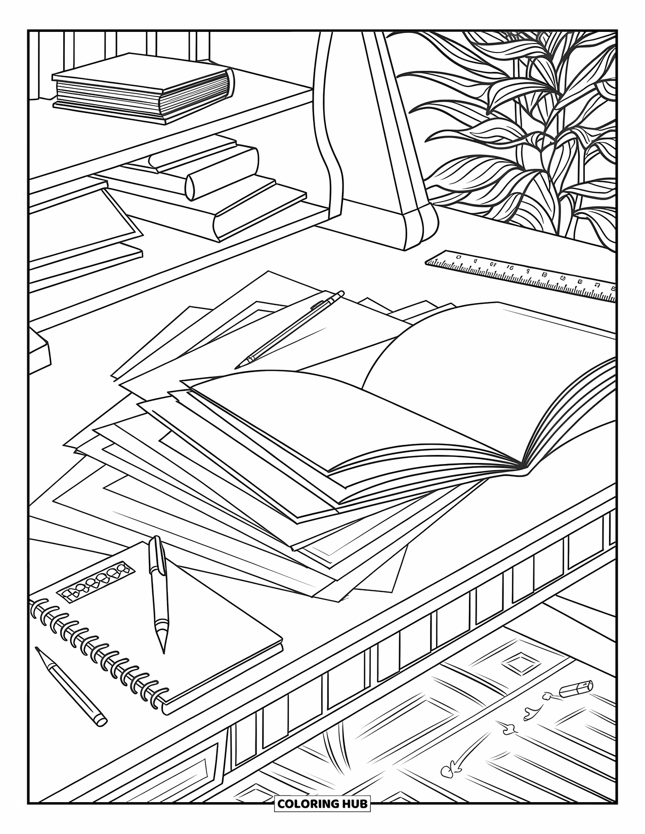 Classroom Coloring Page for Adults: A creative desk setup with papers, tools, and a plant on a rug