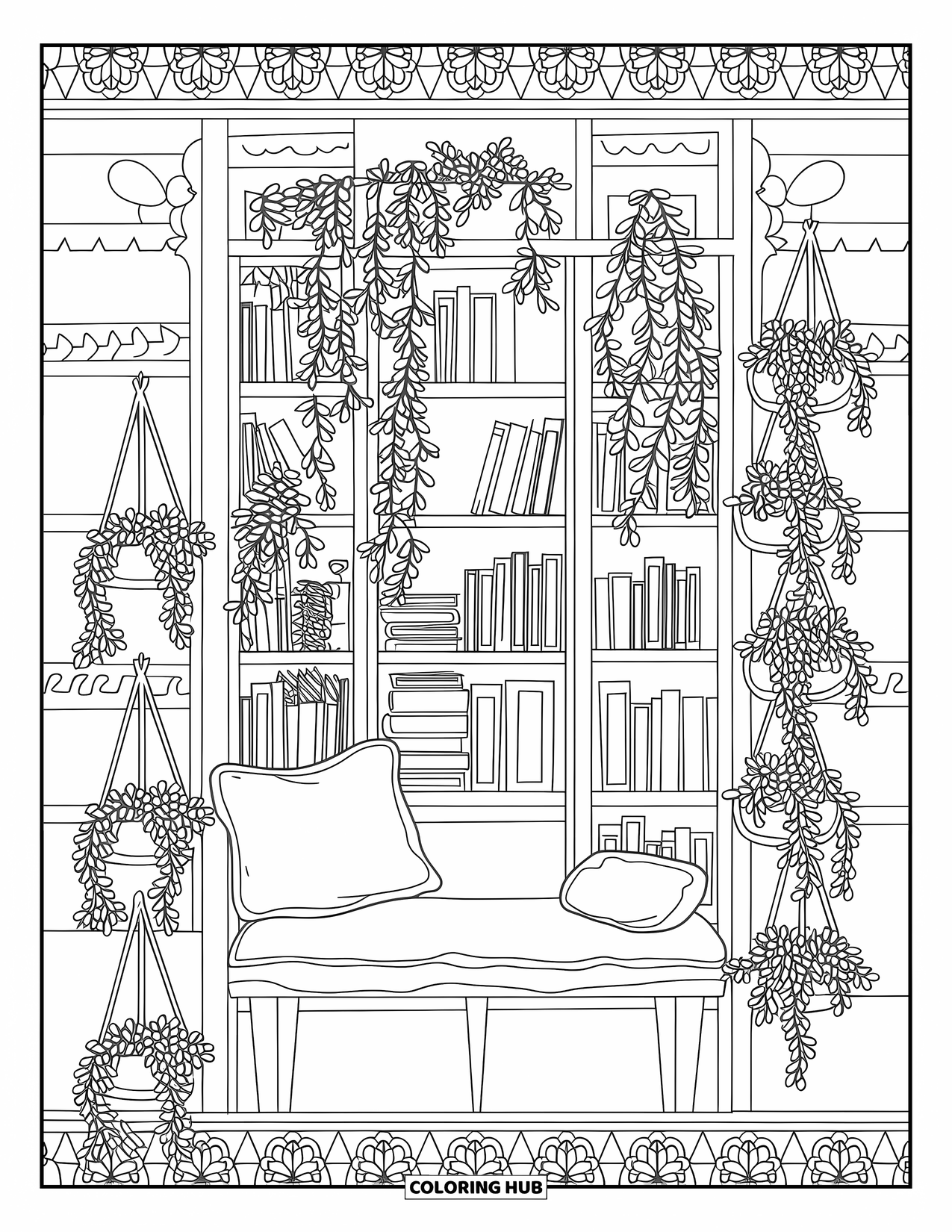 Classroom Coloring Page for Adults: A peaceful reading nook with a bench, bookshelves, and hanging plants