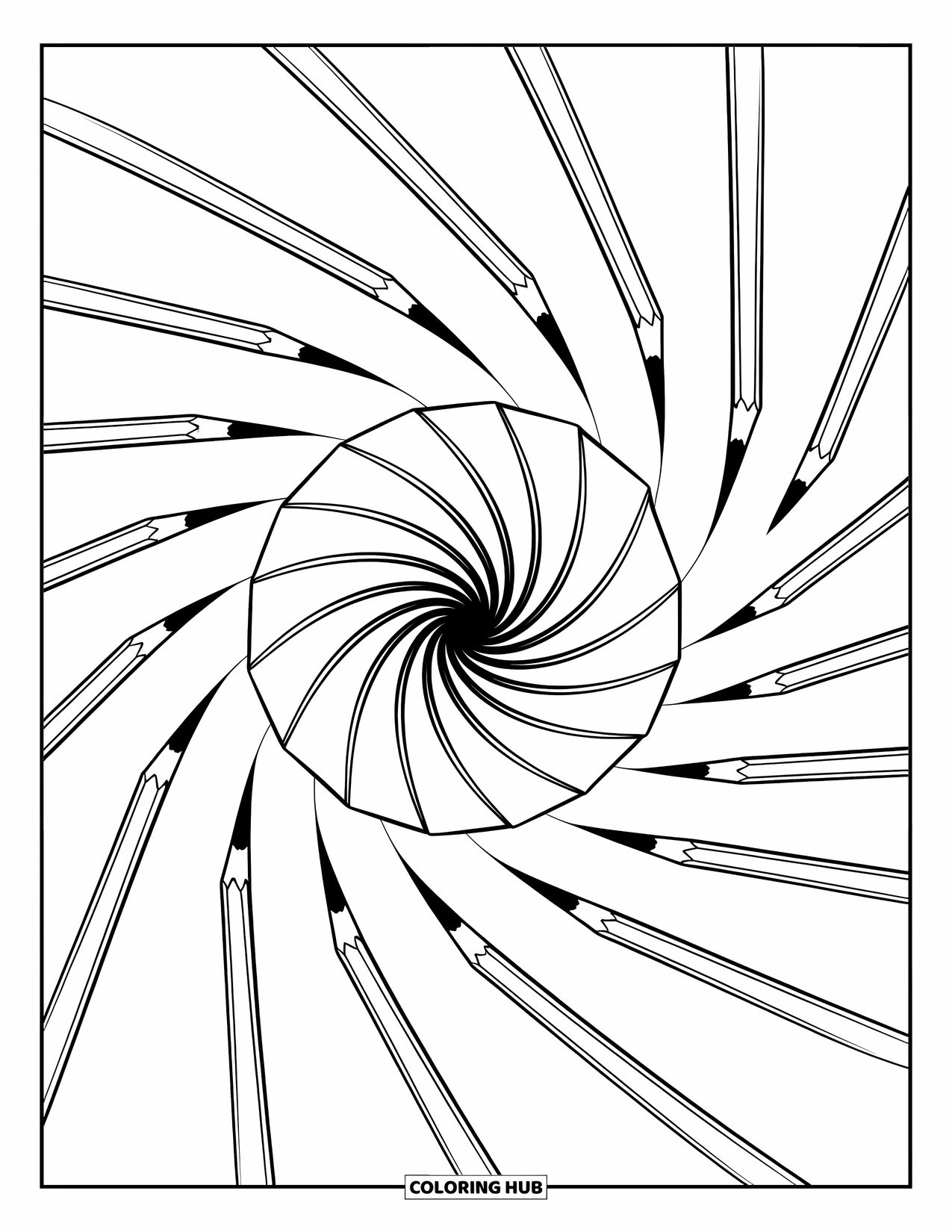 Classroom Coloring Page for Adults: A spiral pattern of sharpened pencils radiates outward in perfect symmetry