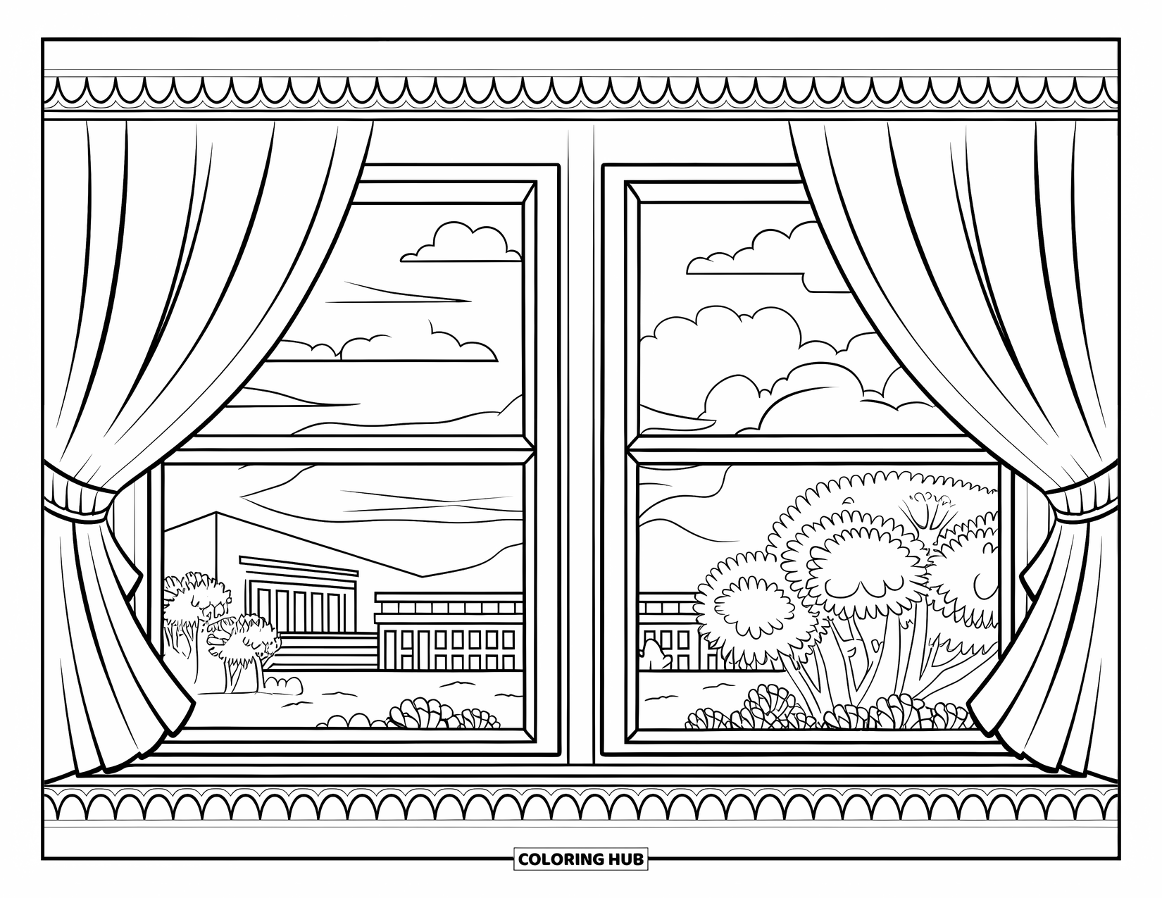 Classroom Coloring Page for Adults: A window scene showing trees, buildings, and a sky beyond soft curtains