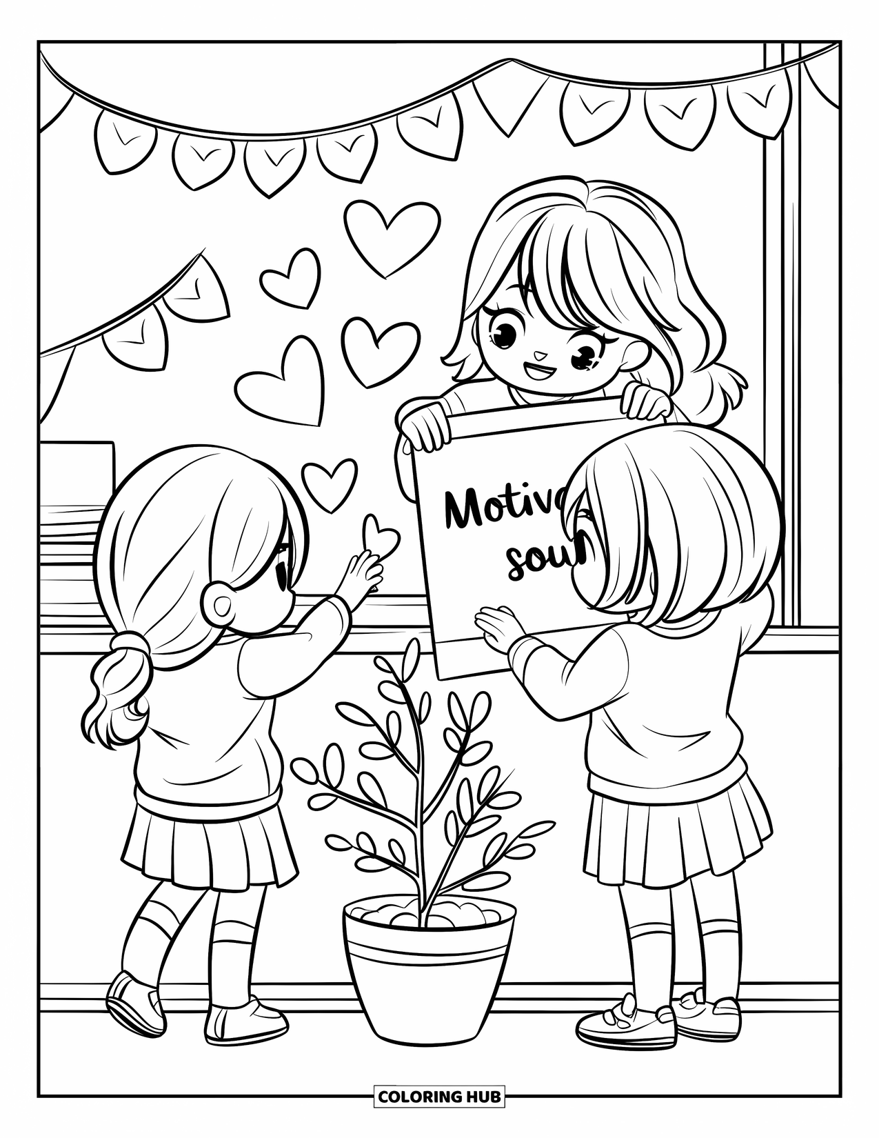 Classroom Coloring Page for Adults: Chibi students hang hearts and banners while decorating the classroom wall