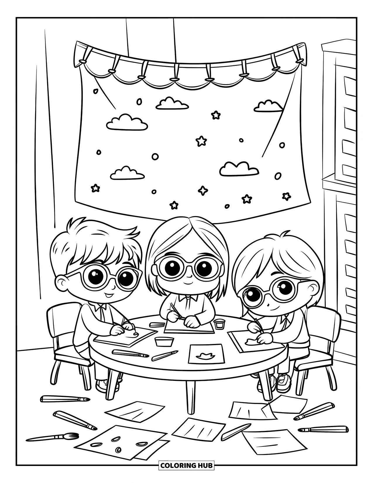 Classroom Coloring Page for Adults: Chibi students paint and draw around a round table
