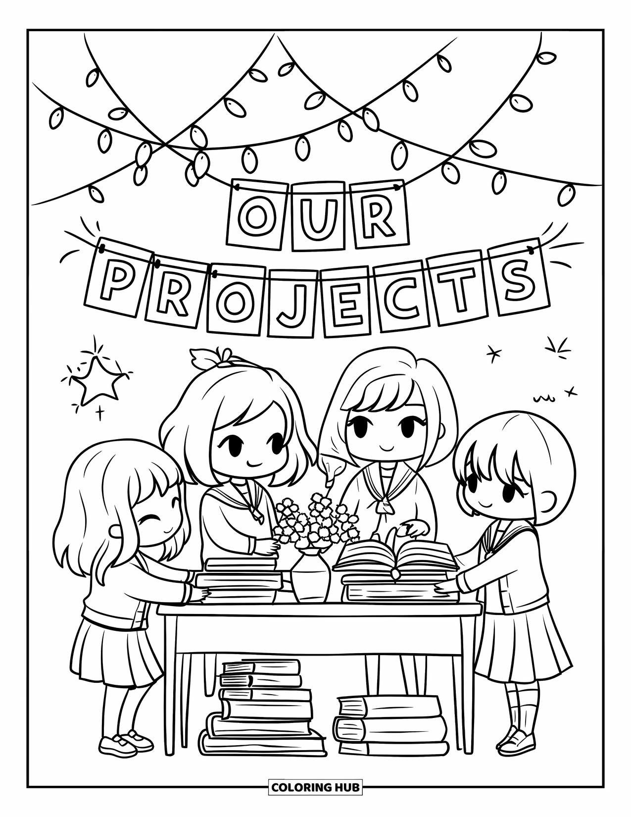 Classroom Coloring Page for Adults: Four chibi friends set up a display table with books and a cheerful banner